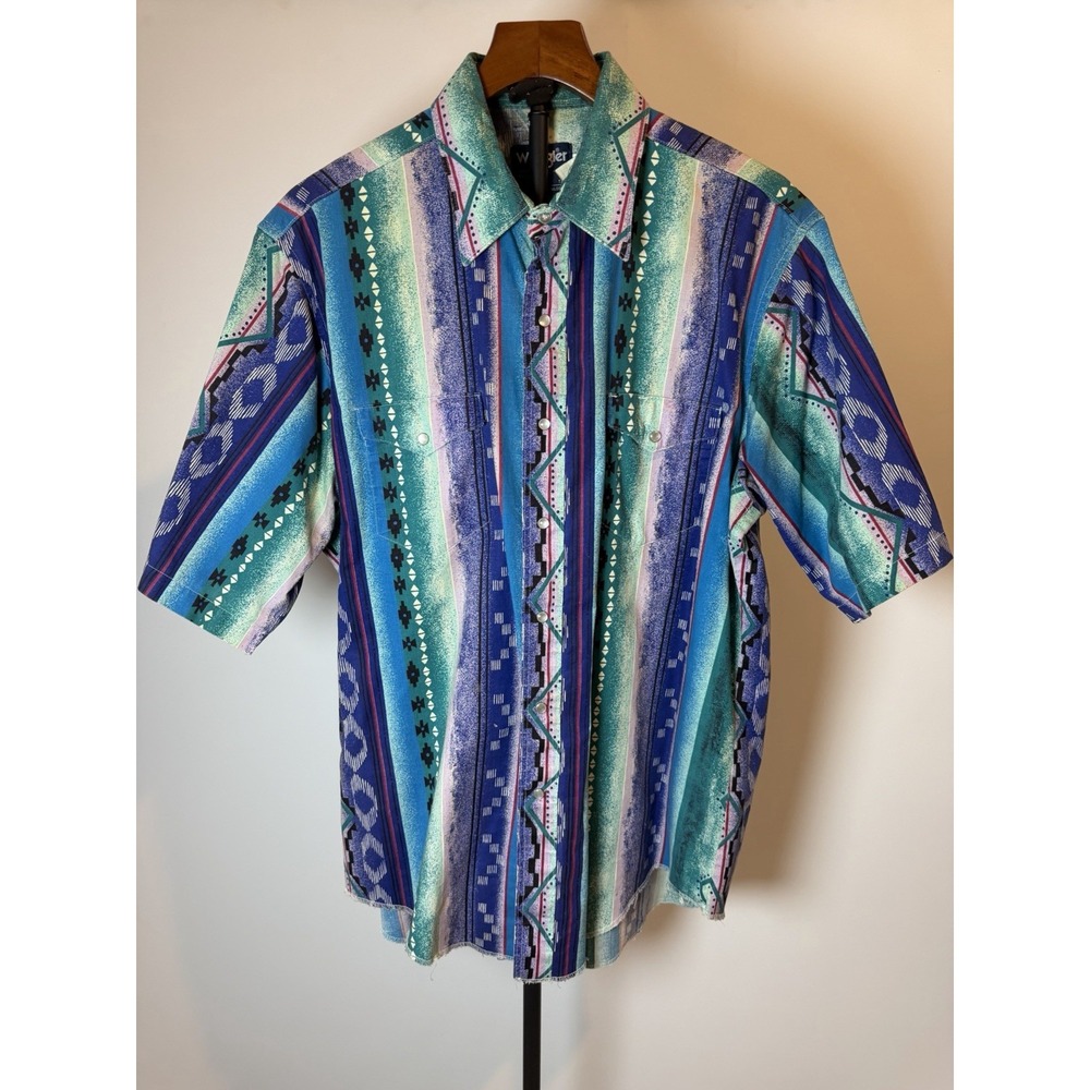 Vtg WRANGLER BRUSHPOPPER Shirt Cowboy Cut LONG TAIL - Sz 17 Made in   Usa Aztec